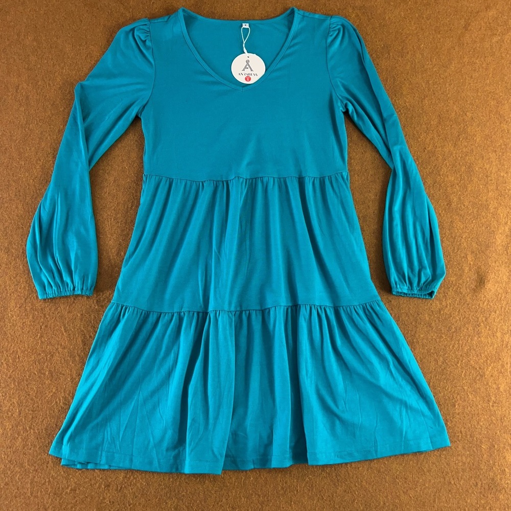 Anrabess Womens Size Small Blue Long Sleeve V Neck Tiered Dress NWT - Picture 1 of 11